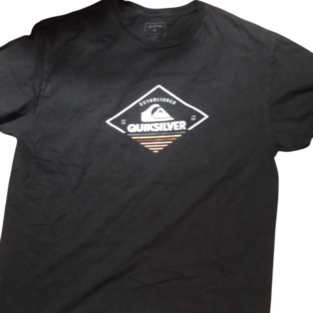 Quiksilver Black Short-Sleeve Tee with White Logo and Orange Accent
